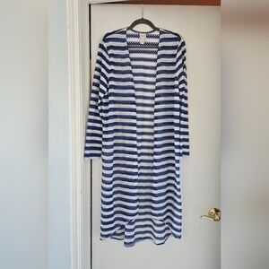 Chico's Striped Open-Front Knit Cardigan in Navy and White